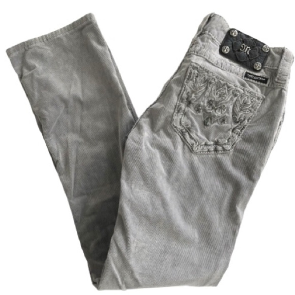⭐️Miss Me⭐️Corduroy Denim Jeans Light Grey Straight Leg Metallic Stitch Sz 25
